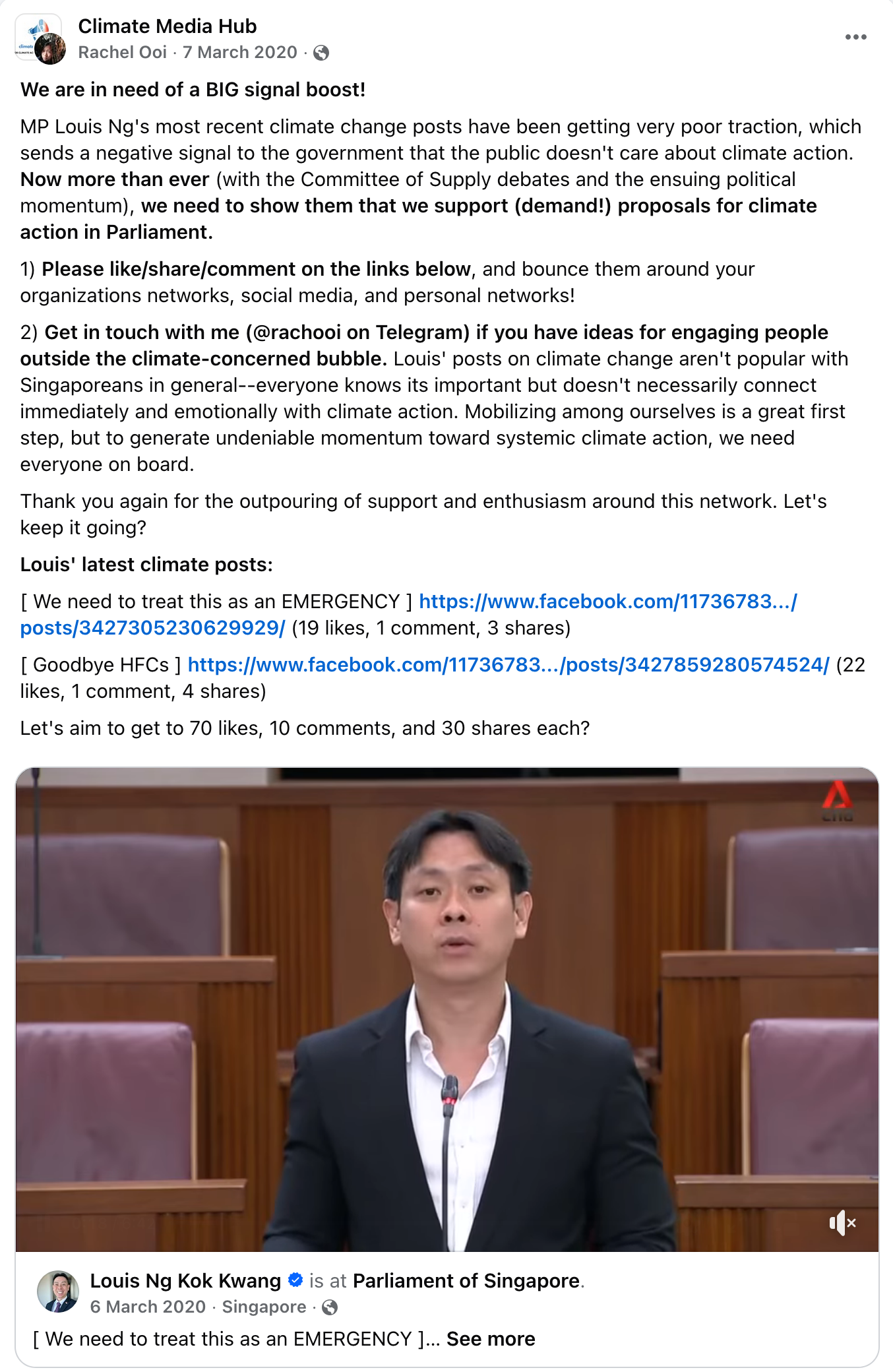 screenshot of post in Climate Media Hub about MP Ng's climate action posts